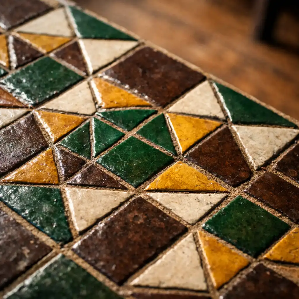 Gros plan sur un carrelage artisanal aux motifs géométriques et couleurs chaudes