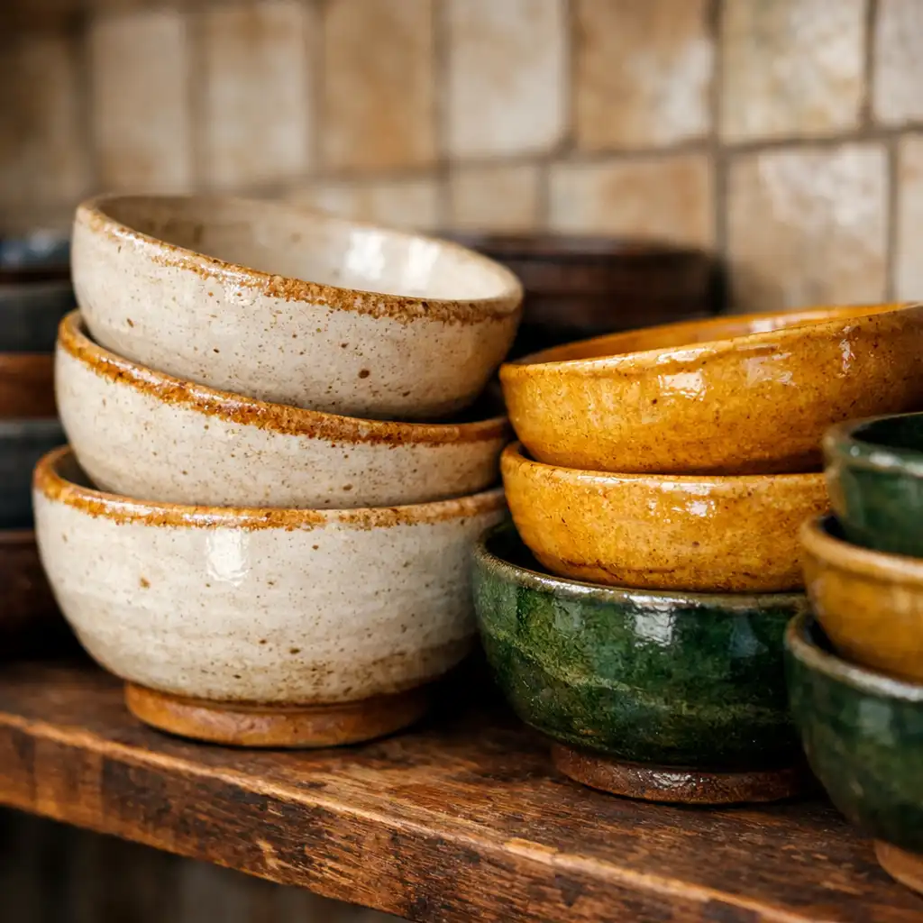 Céramiques rustiques empilées sur une étagère en bois, avec émaux artisanaux