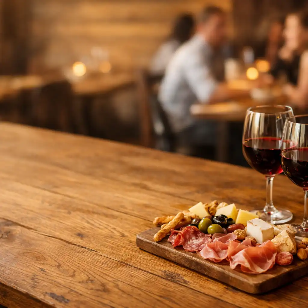Comptoir en chêne avec verres de vin rouge et assiette de charcuterie et fromages, ambiance chaleureuse