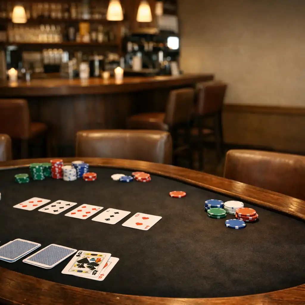 Table de poker physique en bois sombre avec cartes à jouer et jetons symboliques colorés, ambiance conviviale