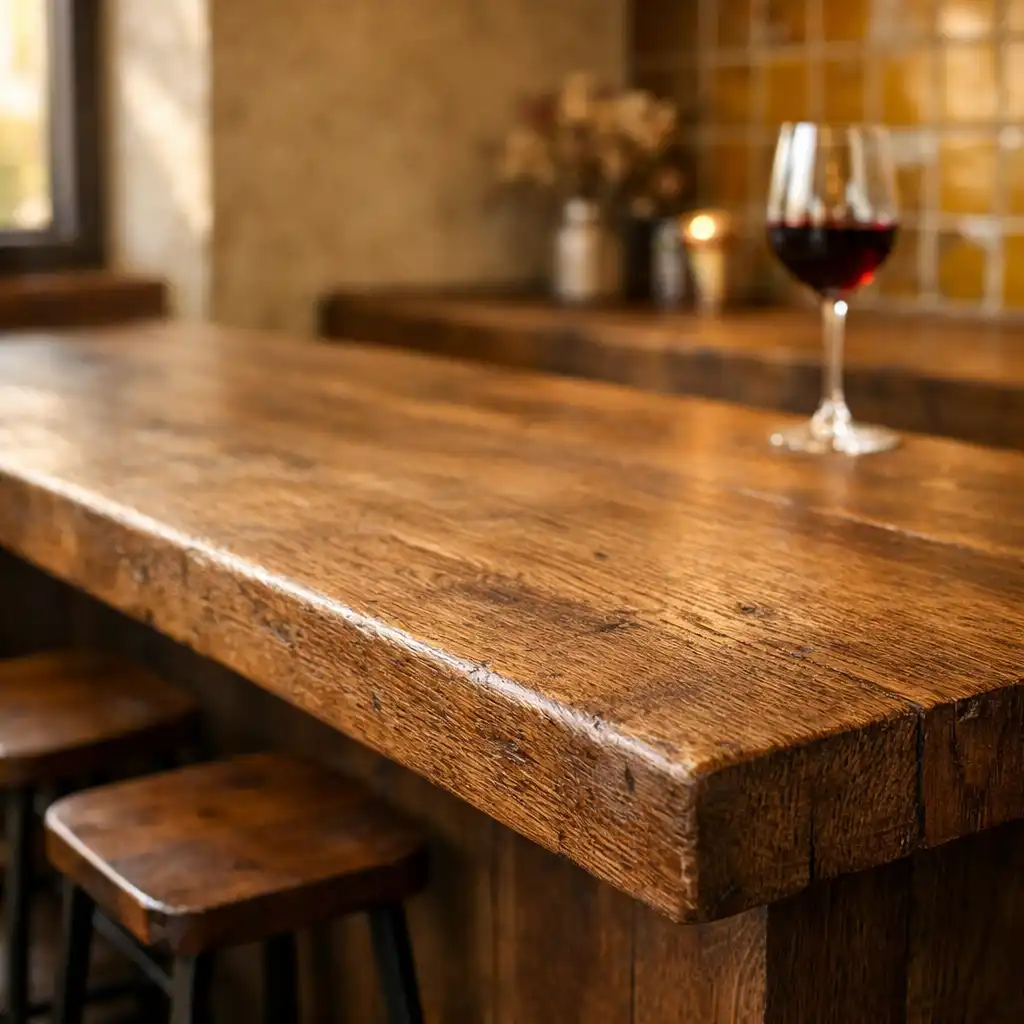 Comptoir en chêne massif patiné avec tabourets hauts et verre de vin, dans une salle chaleureuse