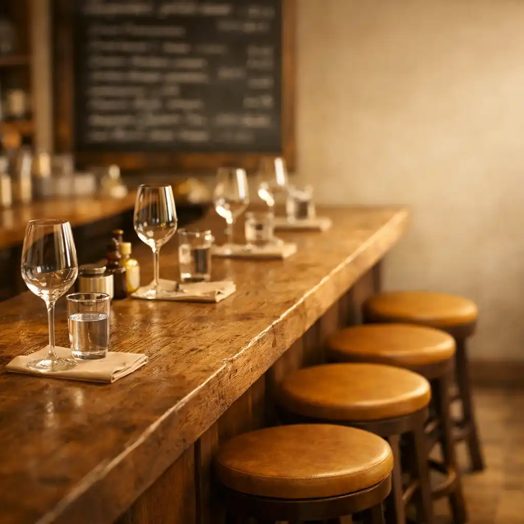 Comptoir en chêne vieilli de Comptoir Bruyère avec tabourets et verres à vin