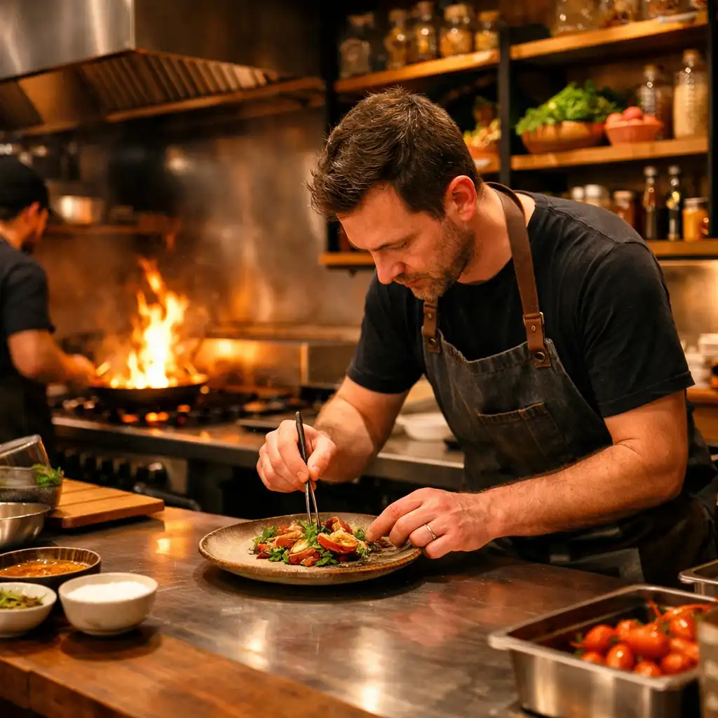 Cuisinier dressant un plat dans une cuisine ouverte, avec flammes légères et ambiance chaleureuse