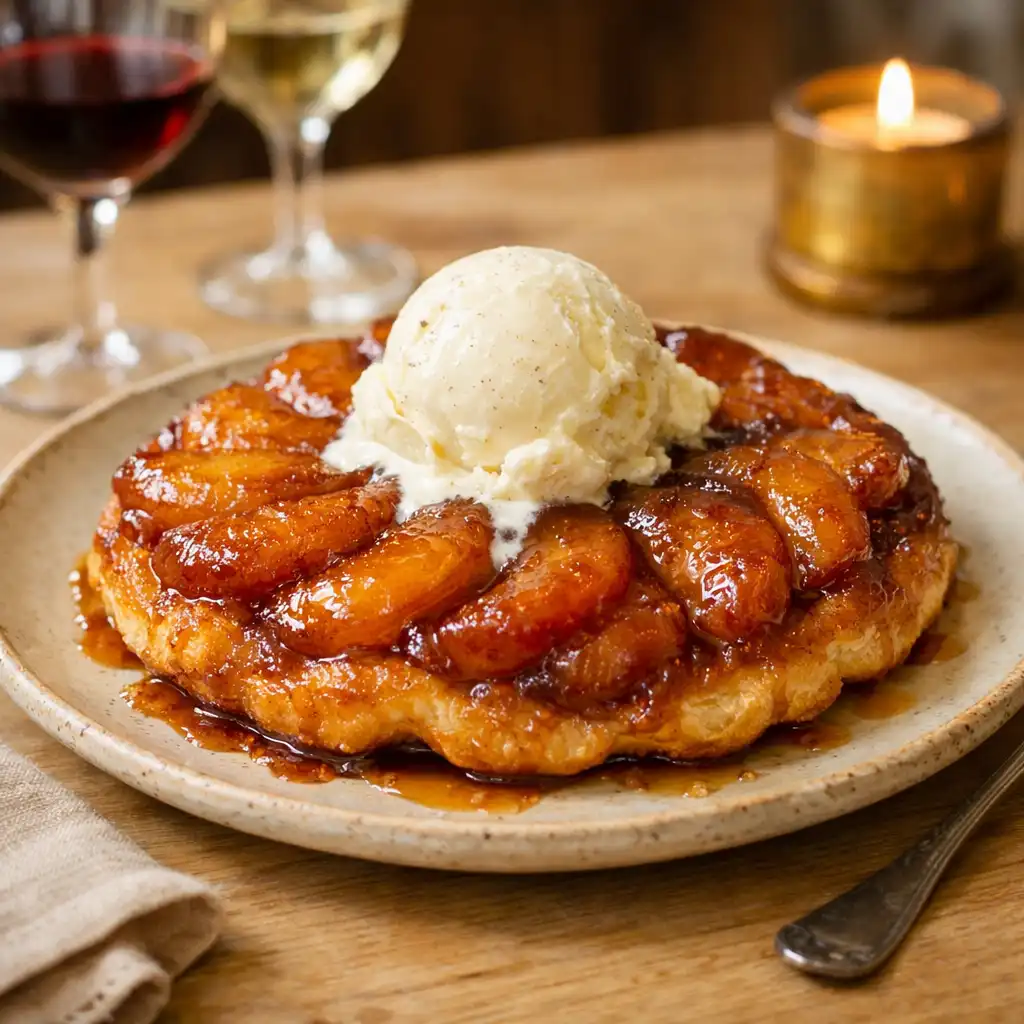 Tarte Tatin maison avec une boule de glace à la vanille