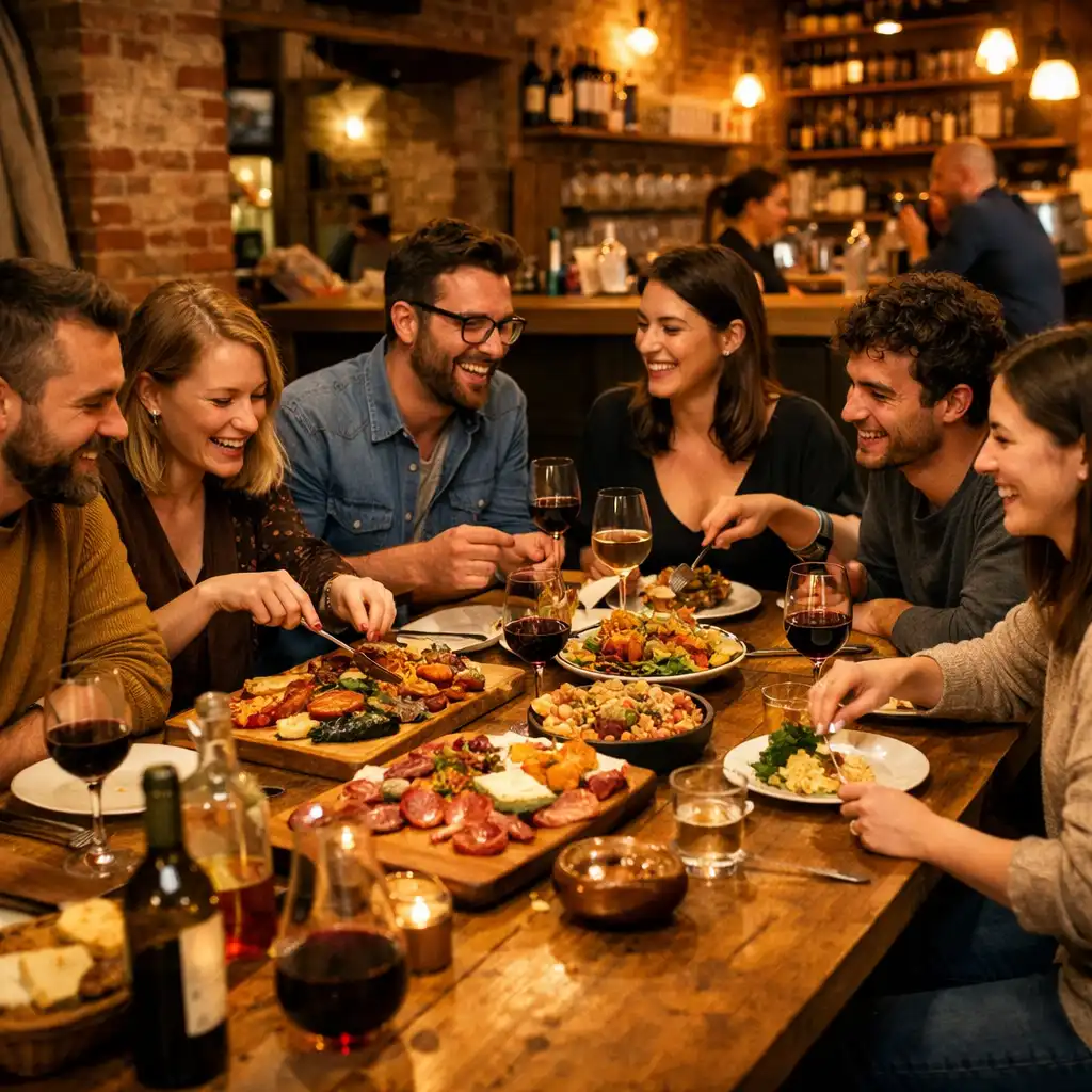 Groupe d'amis autour d'une longue table, partageant des plats et riant