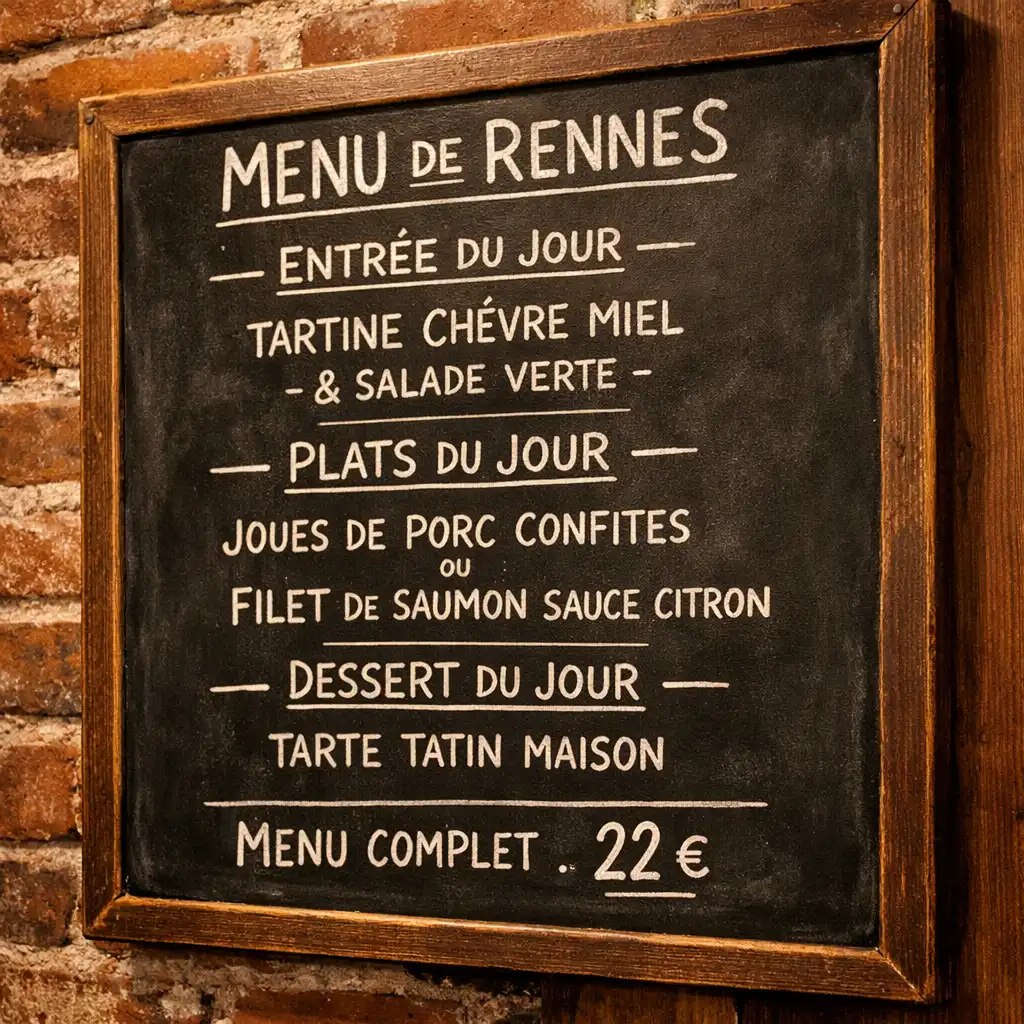 Menu manuscrit à la craie sur une ardoise noire, accroché au mur