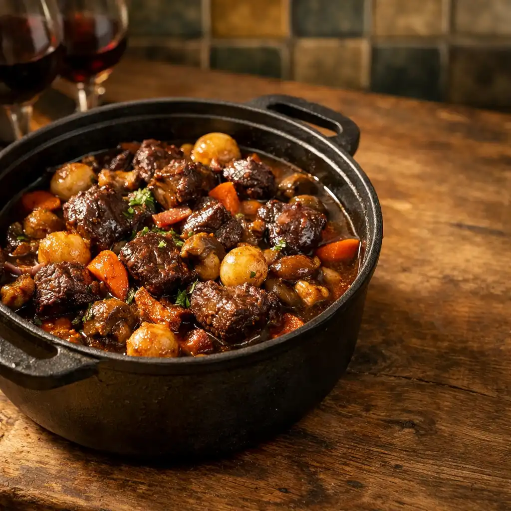 Bœuf bourguignon servi dans une cocotte en fonte sur un comptoir en chêne
