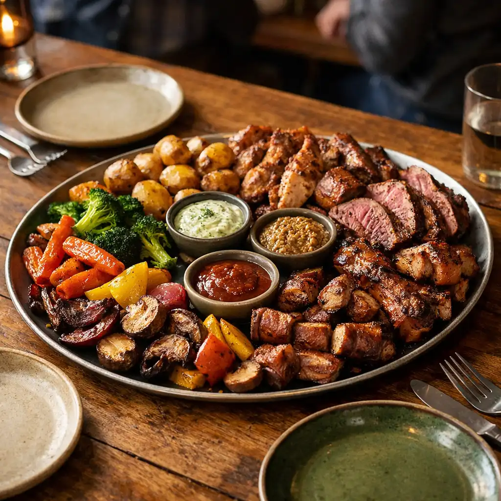 Plat à partager généreux posé au centre d'une table en bois, avec légumes rôtis et viandes