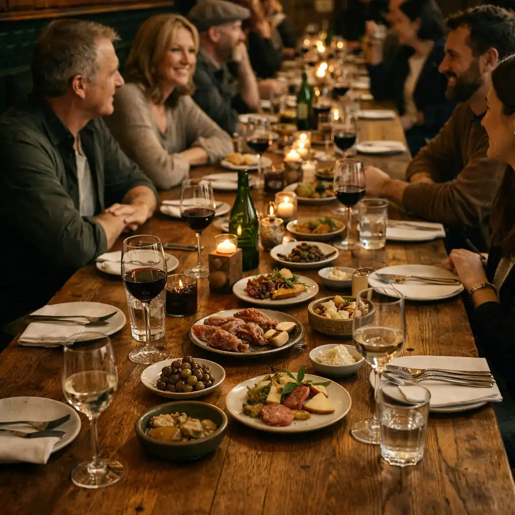 Longue table commune en chêne avec des convives qui partagent un repas