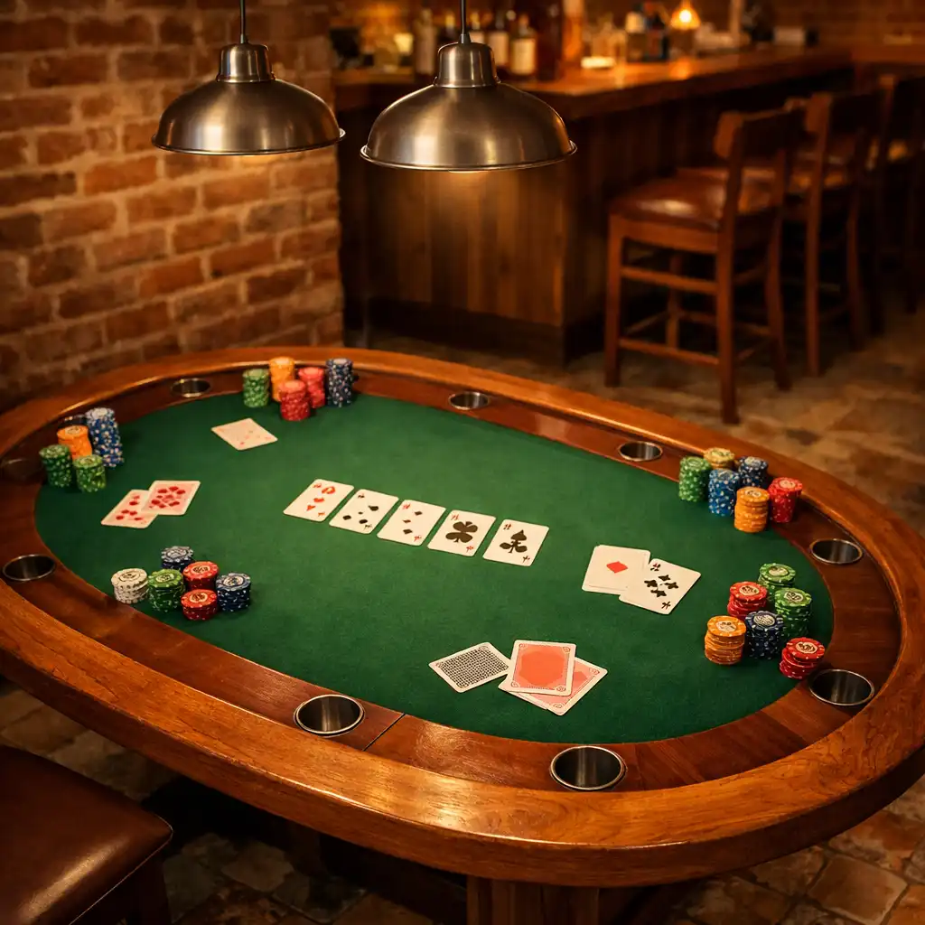 Table de poker en bois massif avec cartes et jetons symboliques dans l'espace dédié du Comptoir Bruyère