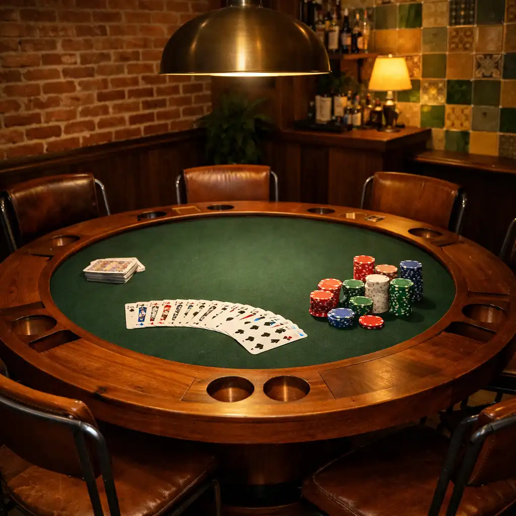 Table de poker en bois massif avec cartes et jetons symboliques, éclairage tamisé