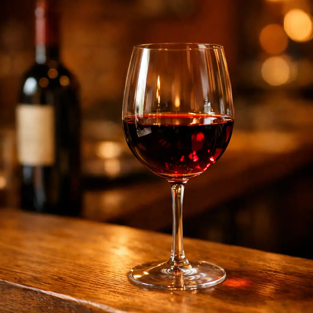 Verre de vin rouge posé sur le comptoir en chêne, avec bouteille en arrière-plan
